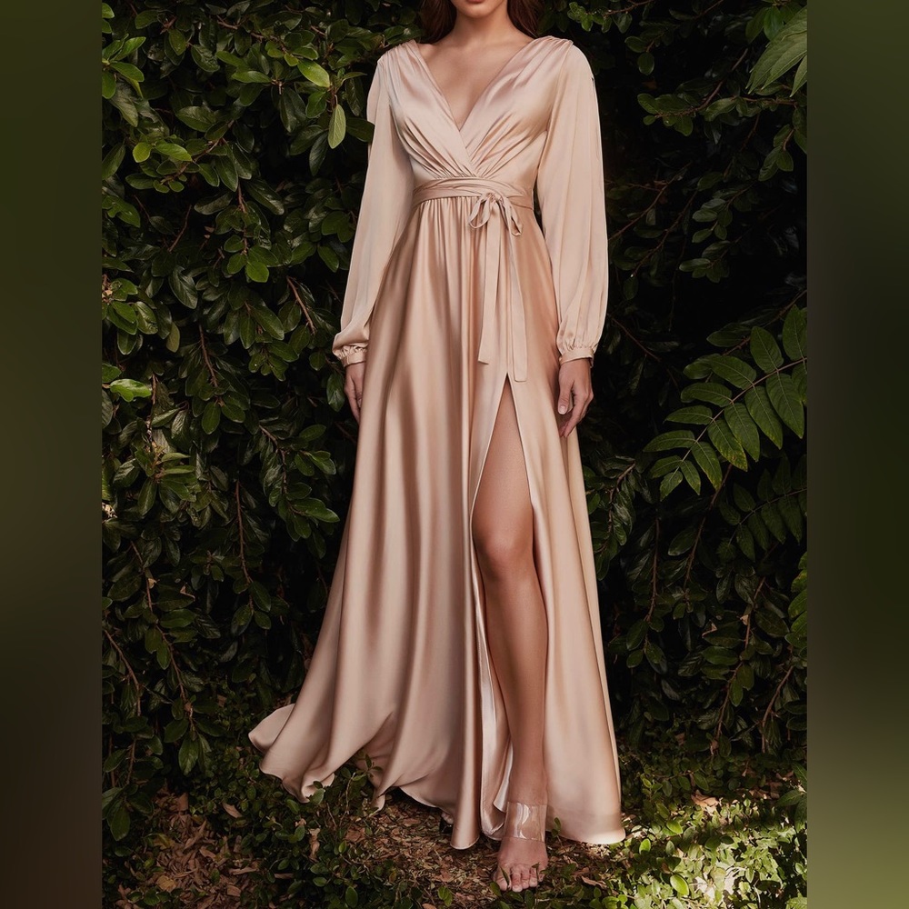 Lantern Long Sleeve Satin Formal Drive in Nude